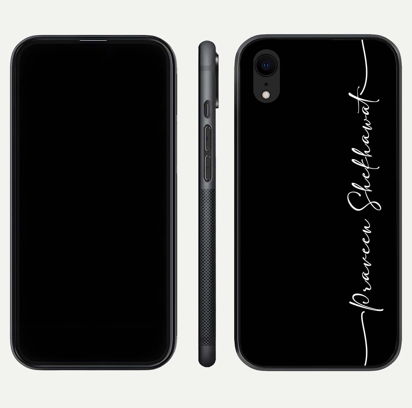 Black Tune Custom Name Glass Case for iPhone 16 Pro front-and-back layout showing personalized name zone and edges