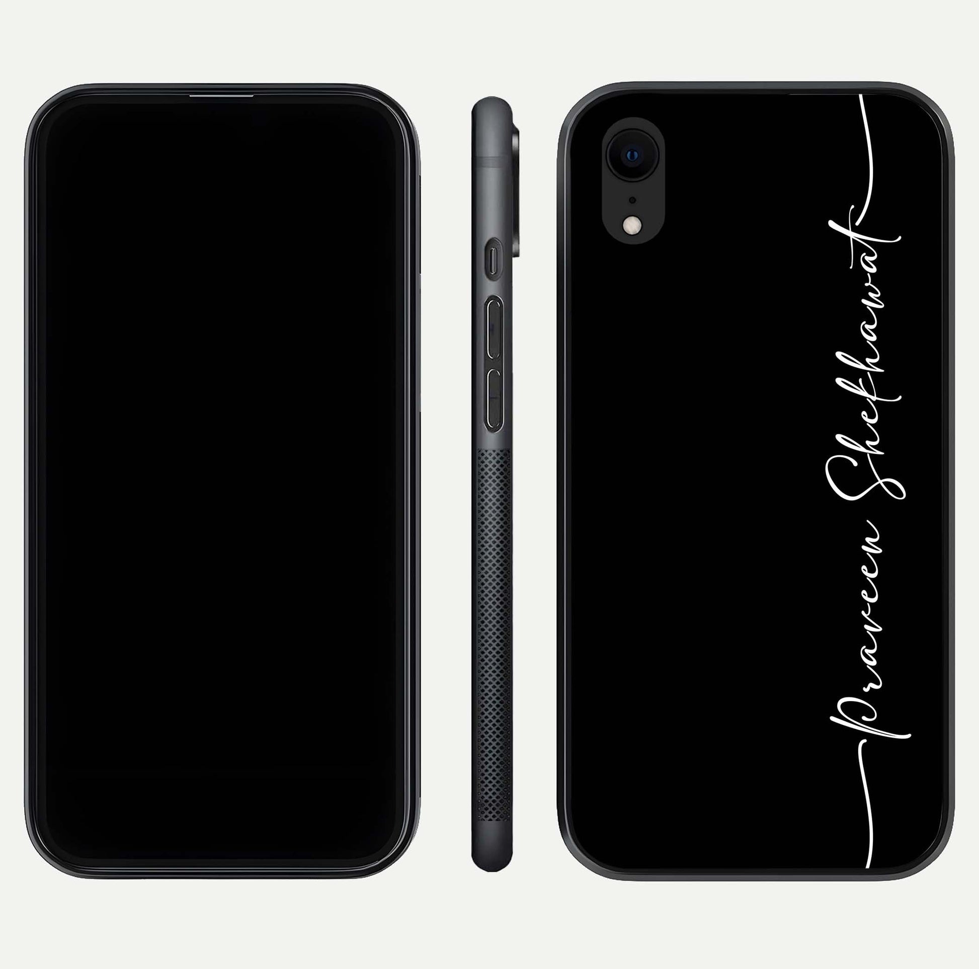 Black Tune Custom Name Glass Case for iPhone 16 Pro front-and-back layout showing personalized name zone and edges