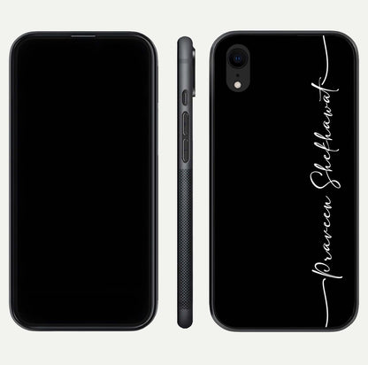 Black Tune Custom Name Glass Case for iPhone 16 Pro front-and-back layout showing personalized name zone and edges