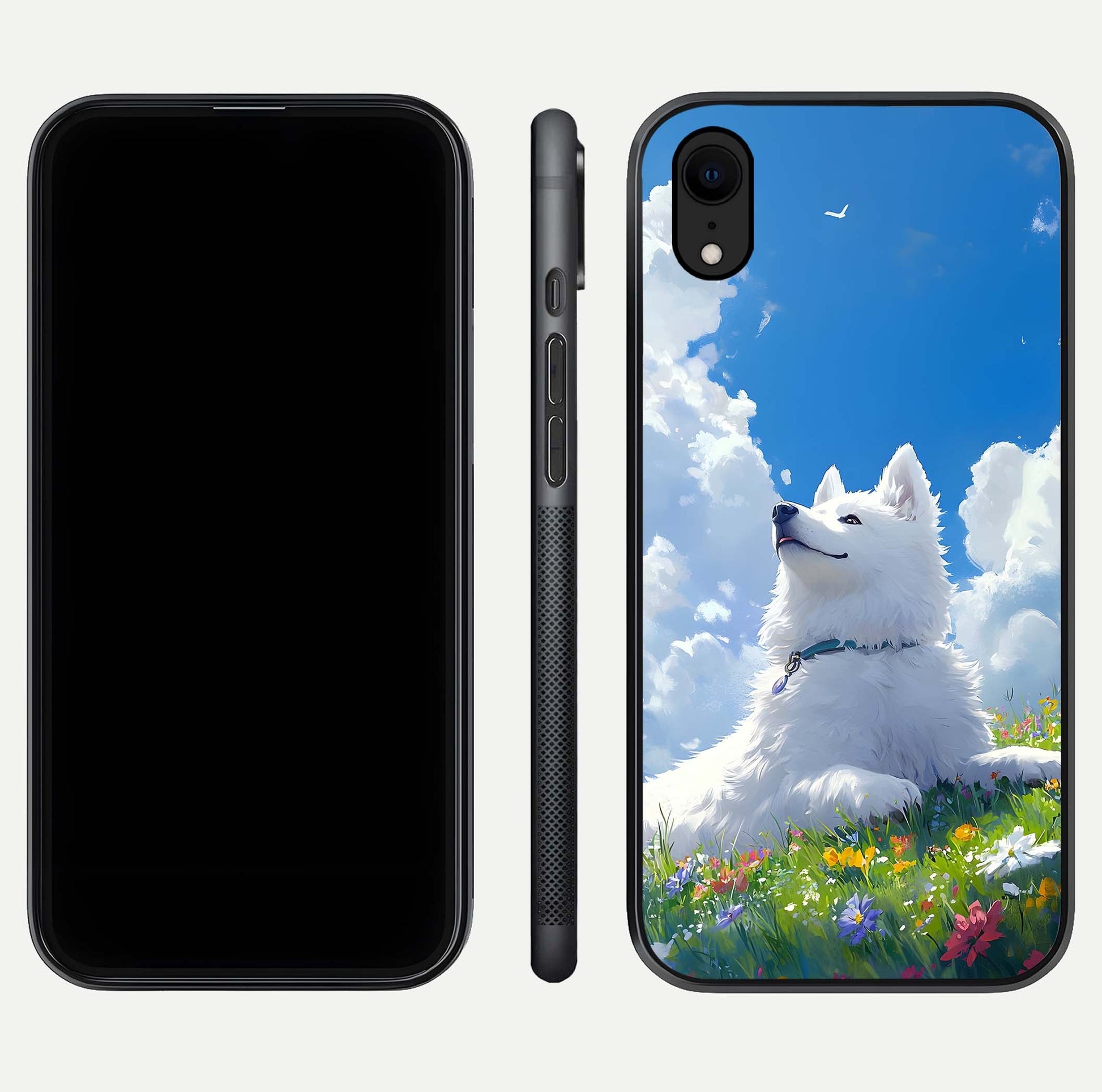 Blissful Cloud Pup Glass Case for iPhone Xr front-and-back layout showing art alignment and edge design