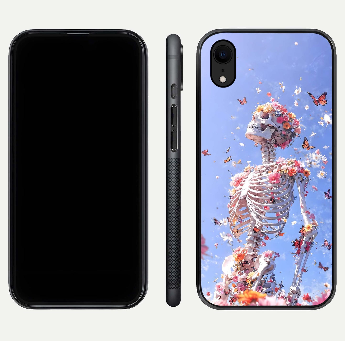 Bloom Beyond Bones Glass Case for iPhone Xr dual-view layout showing creative aesthetic and edge design