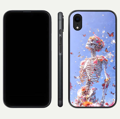 Bloom Beyond Bones Glass Case for iPhone Xr dual-view layout showing creative aesthetic and edge design