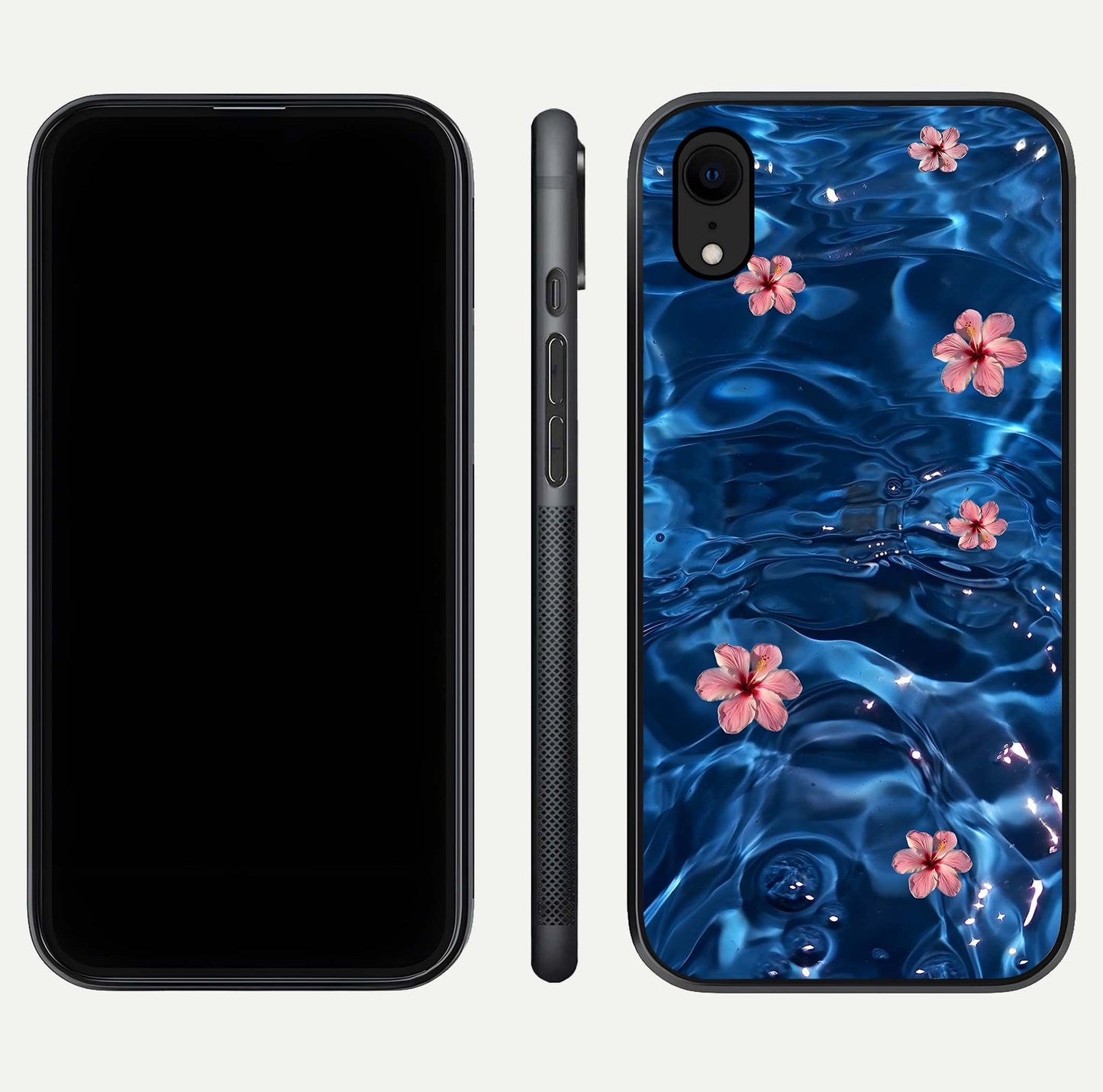 Blooming Water Drift Glass Case for iPhone Xr front-and-back layout highlighting edge design and serene water bloom art