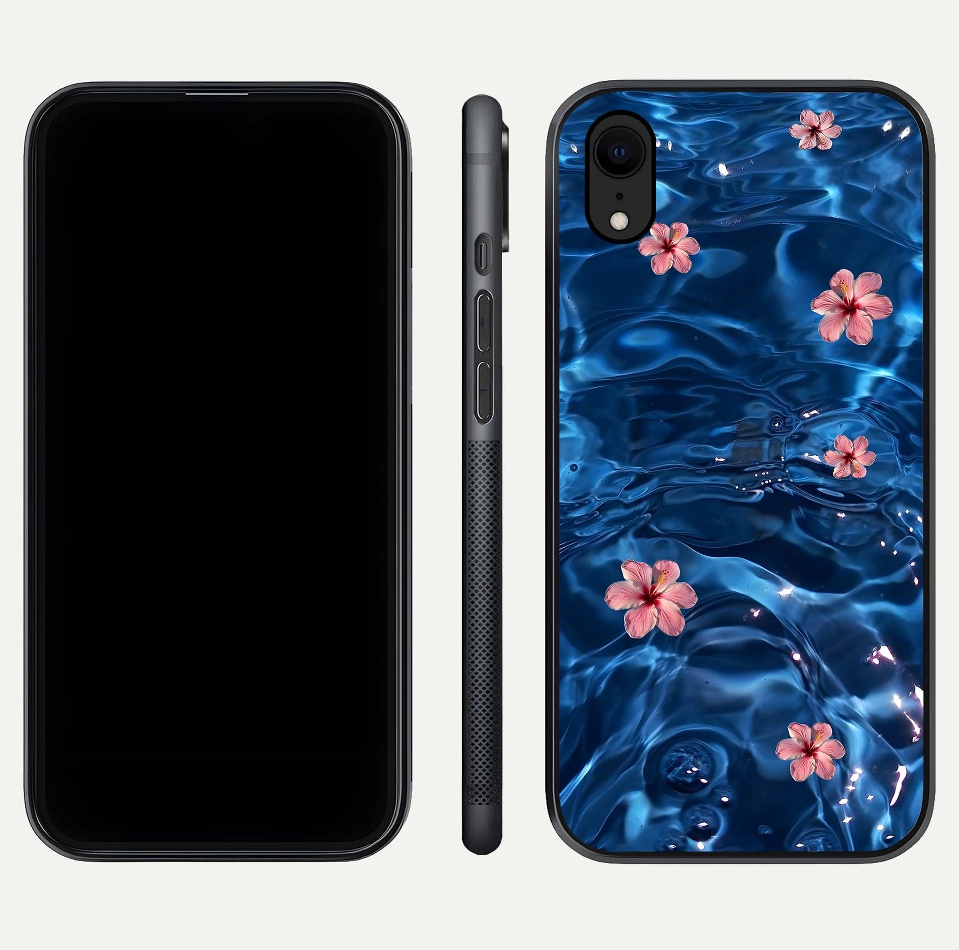 Blooming Water Drift Glass Case for iPhone Xr front-and-back layout highlighting edge design and serene water bloom art