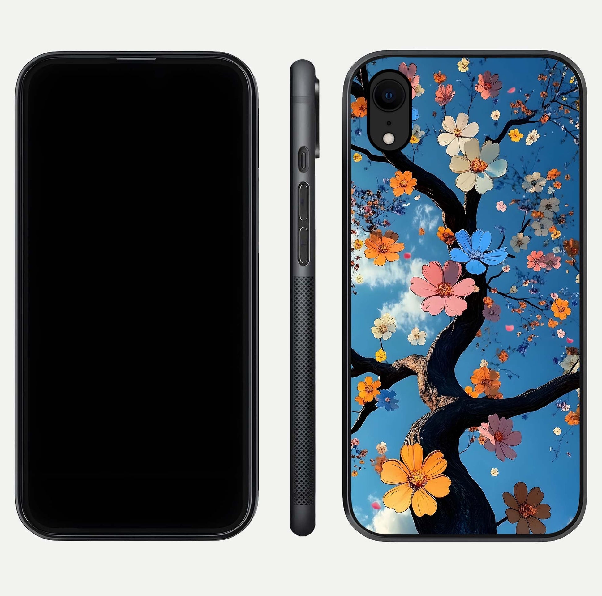 Blossom Dream Sky Glass Case for iPhone Xr front-and-back layout showing floral print and premium edge gloss