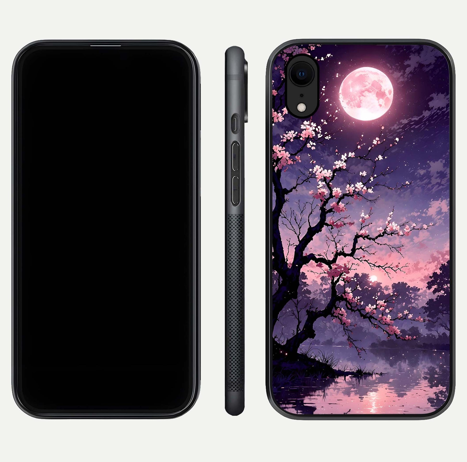 Blossom Pink Moon Glass Case for iPhone Xr front-and-back layout showing minimal edges and artistic flower print