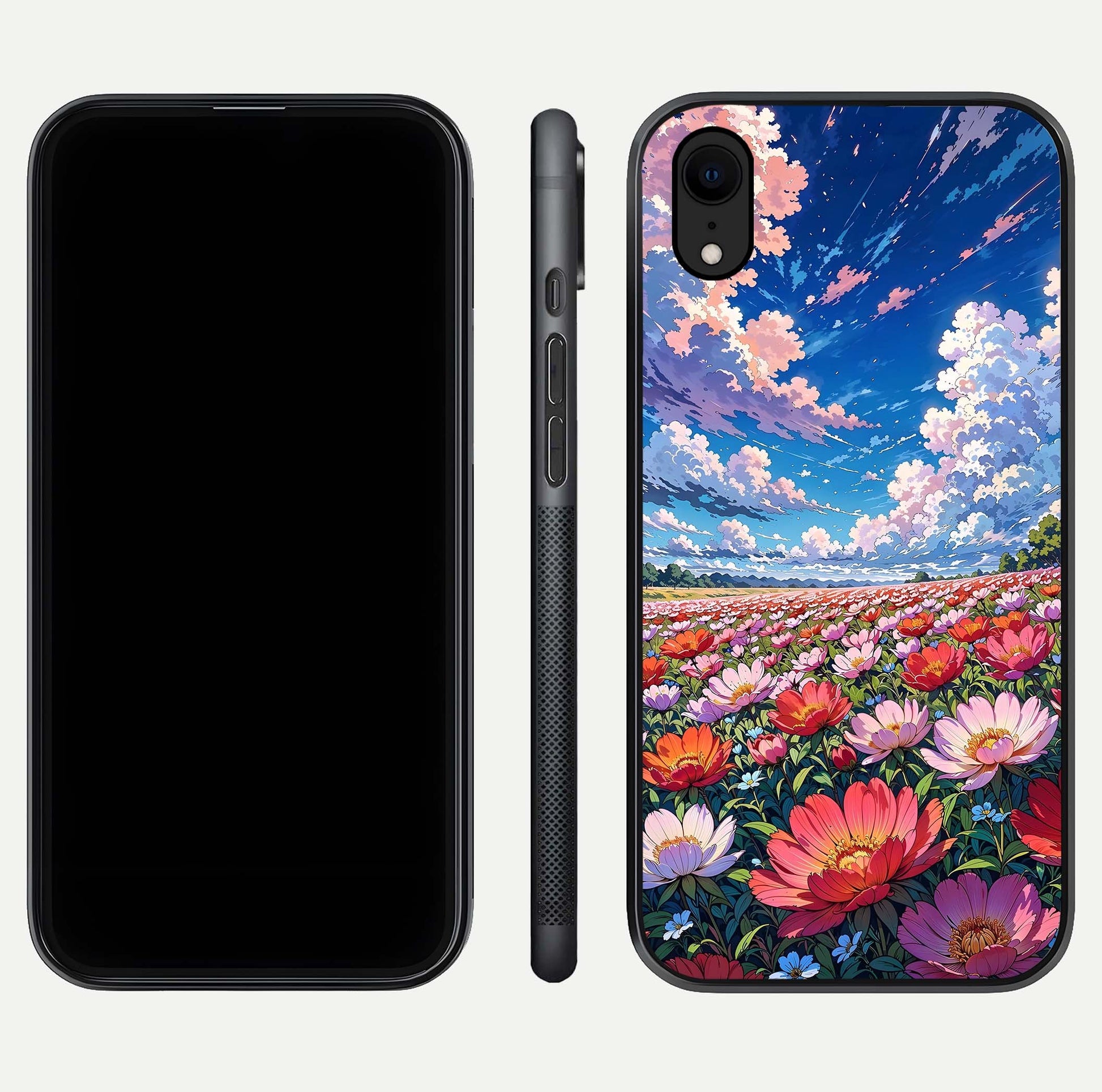 Blossom Sky Field Glass Case for iPhone Xr front-and-back layout highlighting design edges and gloss clarity