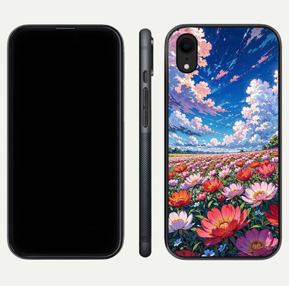 Blossom Sky Field Glass Case for iPhone Xr front-and-back layout highlighting design edges and gloss clarity