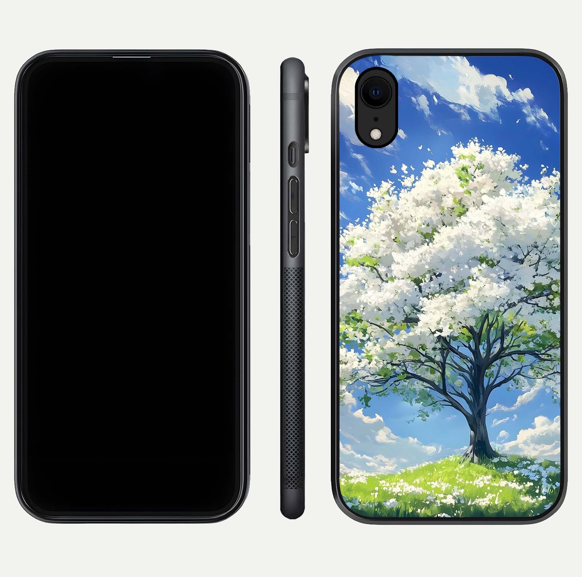 Blossom Sky Serenity Glass Case for iPhone Xr dual-view layout showing pastel hues and soft protective edges