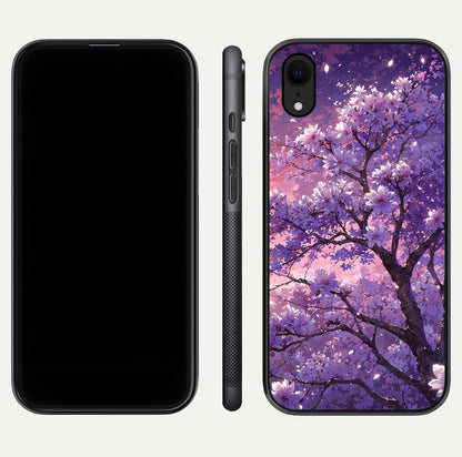 Blossom Tree Glass Case for iPhone Xr front-and-back layout showing art alignment and gloss reflection