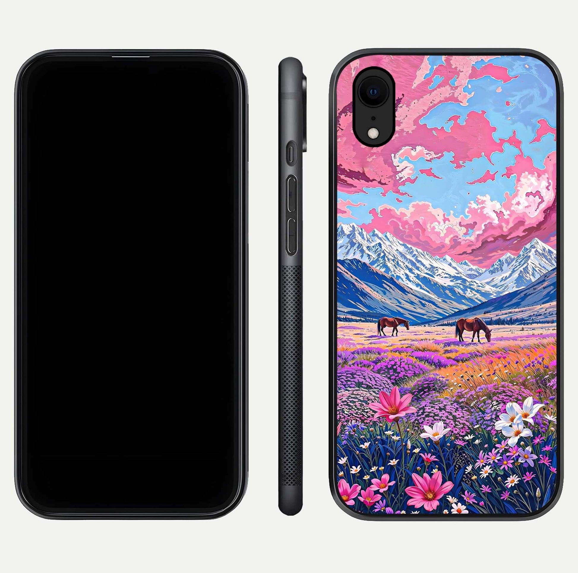 Blossom Valley Dream Glass Case for iPhone Xr front-and-back layout highlighting glossy reflection and edge cut