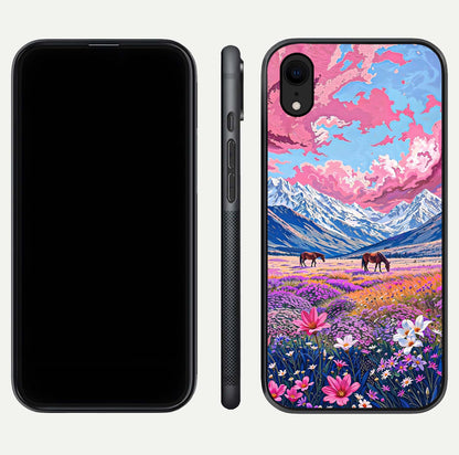 Blossom Valley Dream Glass Case for iPhone Xr front-and-back layout highlighting glossy reflection and edge cut