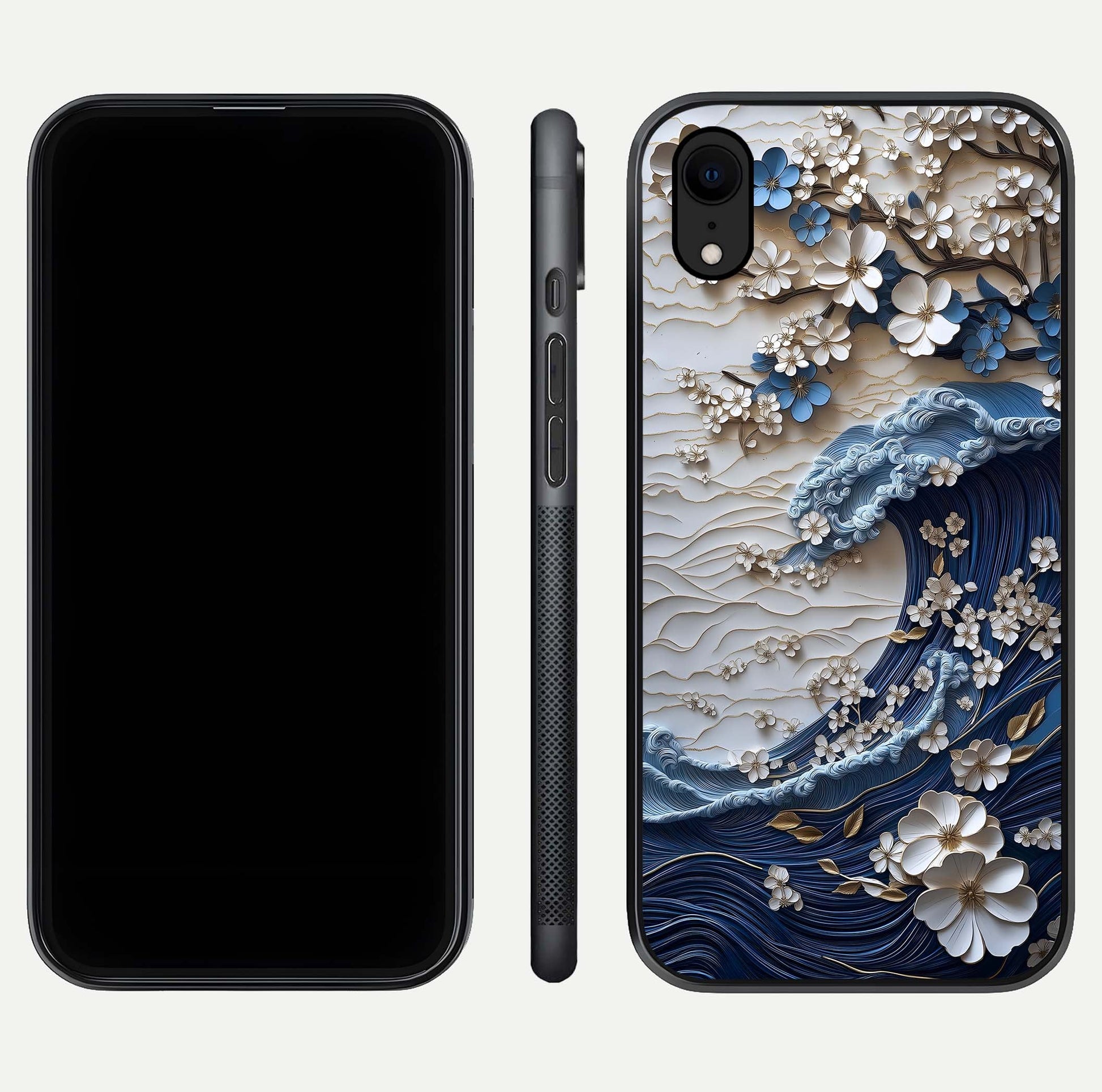 Blossom Wave Art Glass Case for iPhone Xr front-and-back layout showing curved design and glass clarity