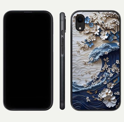 Blossom Wave Art Glass Case for iPhone Xr front-and-back layout showing curved design and glass clarity