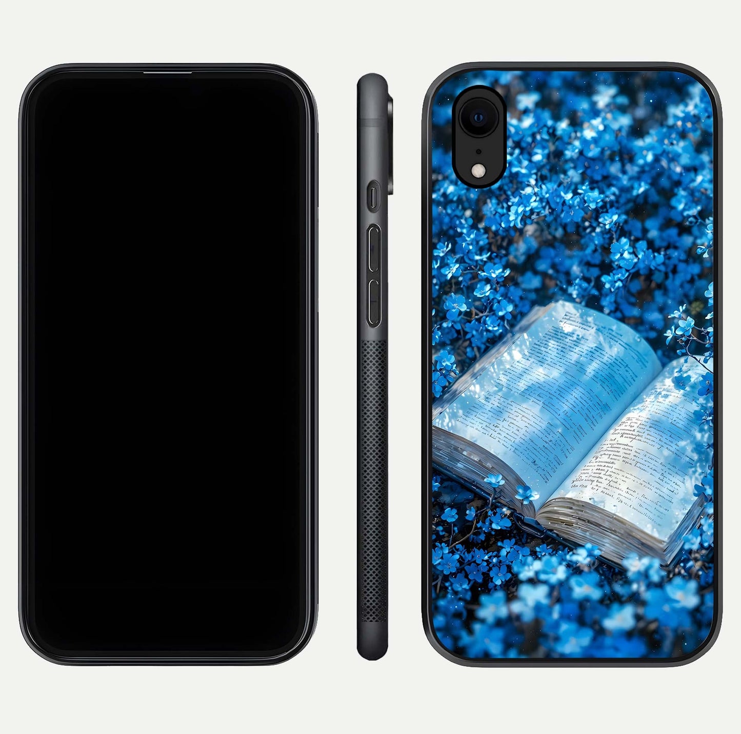 Blue Bloom Tales Glass Case for iPhone Xr dual-view layout highlighting shine, floral print, and smooth edges