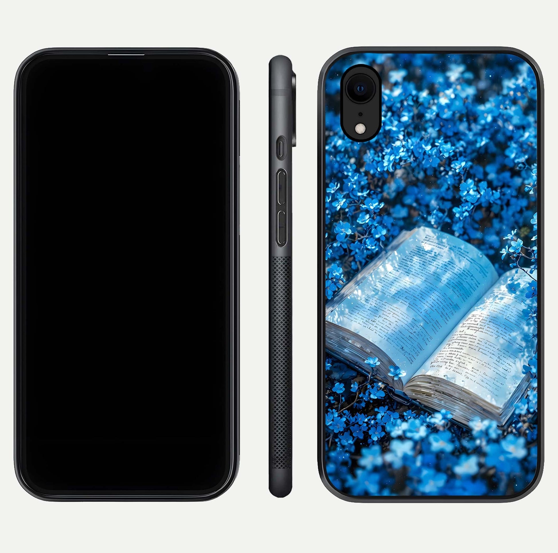 Blue Bloom Tales Glass Case for iPhone Xr dual-view layout highlighting shine, floral print, and smooth edges