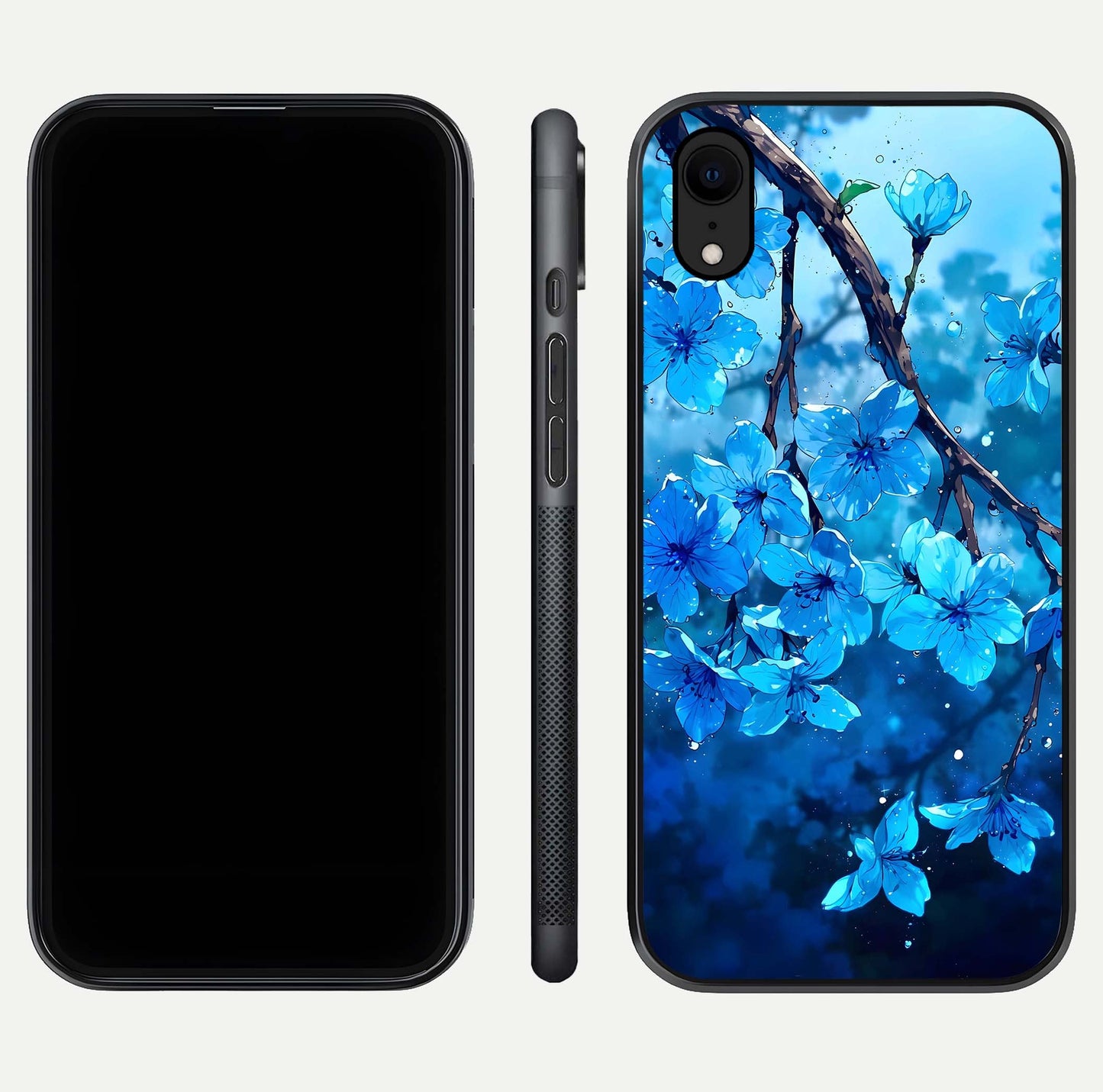 Blue Blossoms Branch Glass Case for iPhone Xr dual-view layout displaying floral art and sleek protective frame