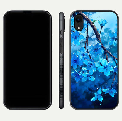 Blue Blossoms Branch Glass Case for iPhone Xr dual-view layout displaying floral art and sleek protective frame