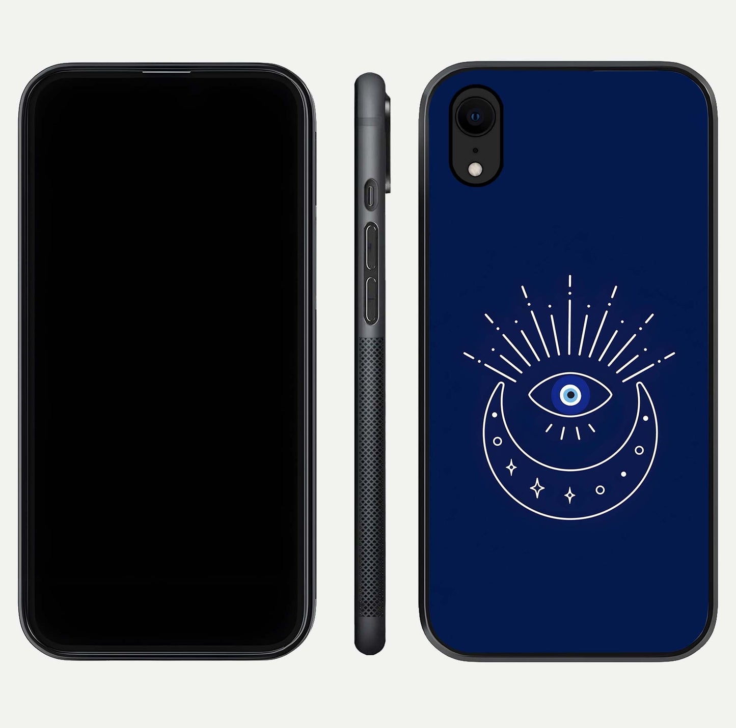 Blue Evil Eye Glass Case for iPhone Xr front-and-back layout showing blue aura design and curved-edge clarity