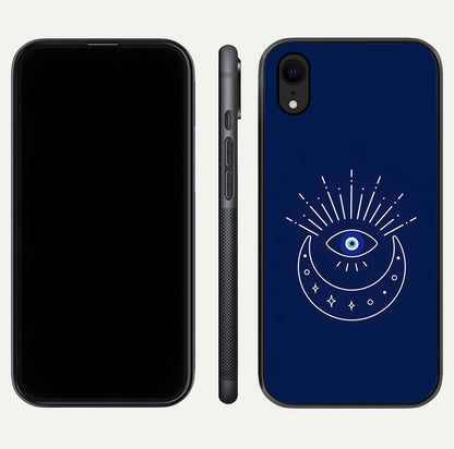 Blue Evil Eye Glass Case for iPhone Xr front-and-back layout showing blue aura design and curved-edge clarity