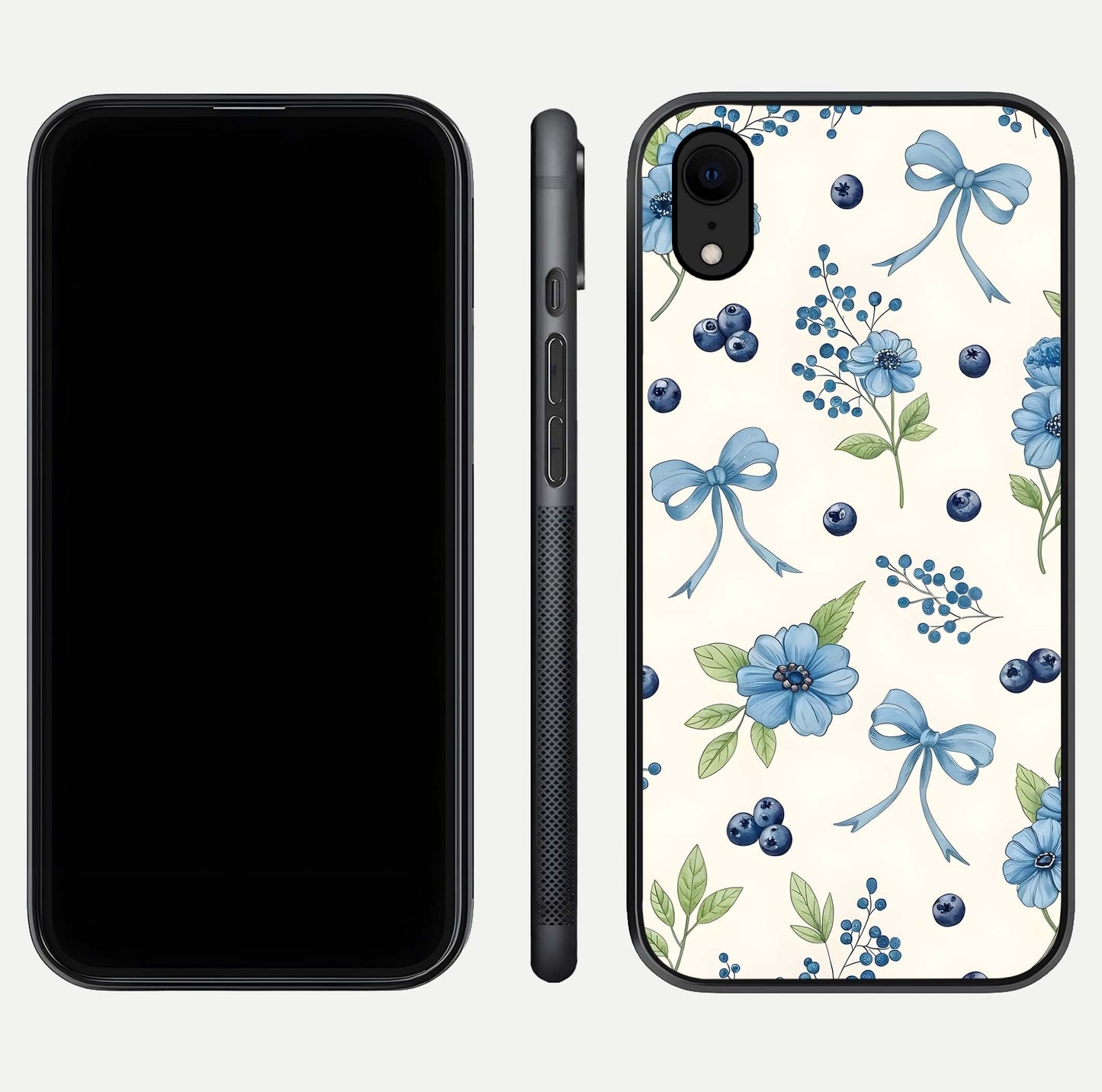 Blue Flower & Bow Glass Case for iPhone Xr dual-view layout showing balanced pattern and smooth edges
