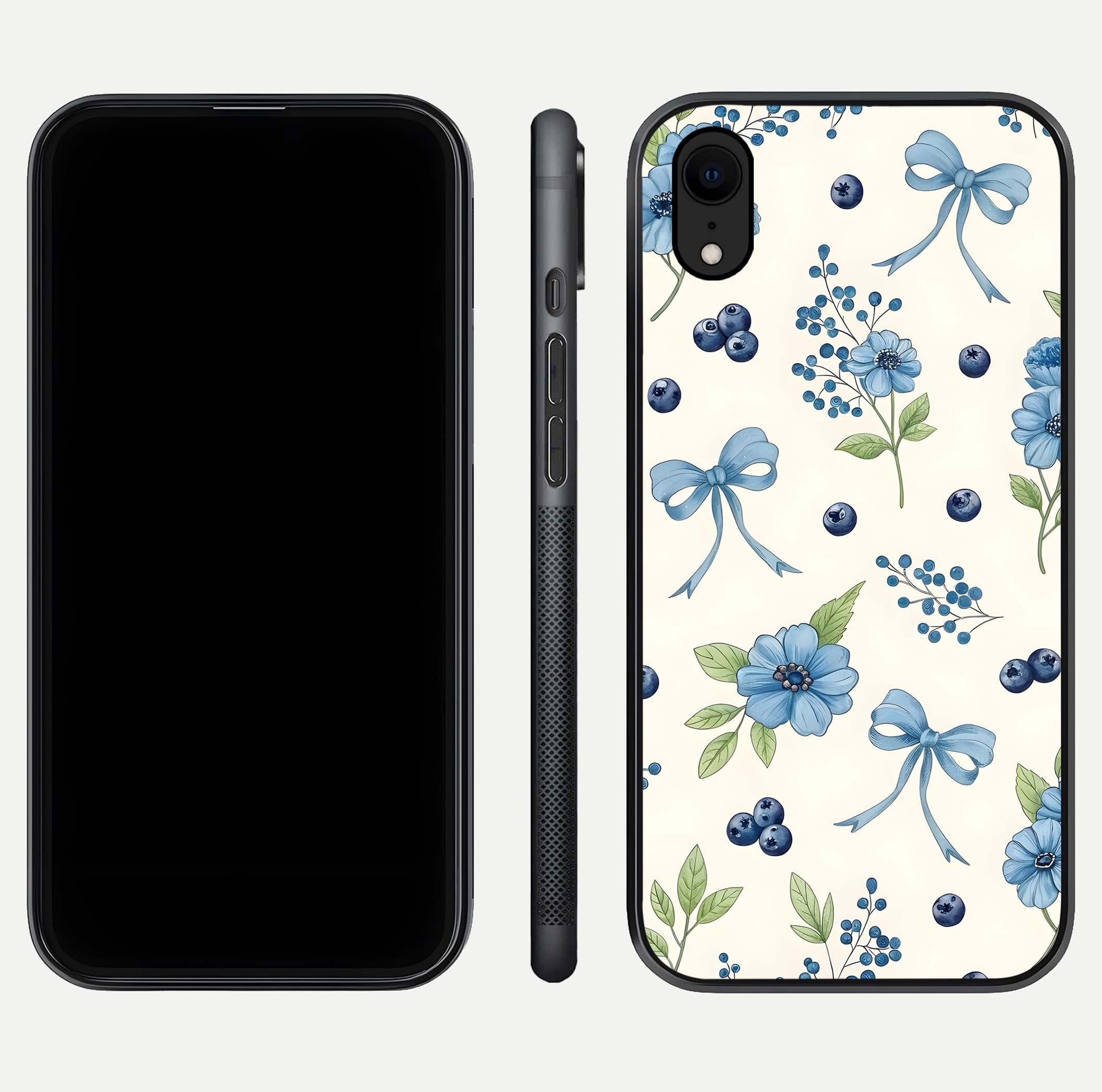 Blue Flower & Bow Glass Case for iPhone Xr dual-view layout showing balanced pattern and smooth edges