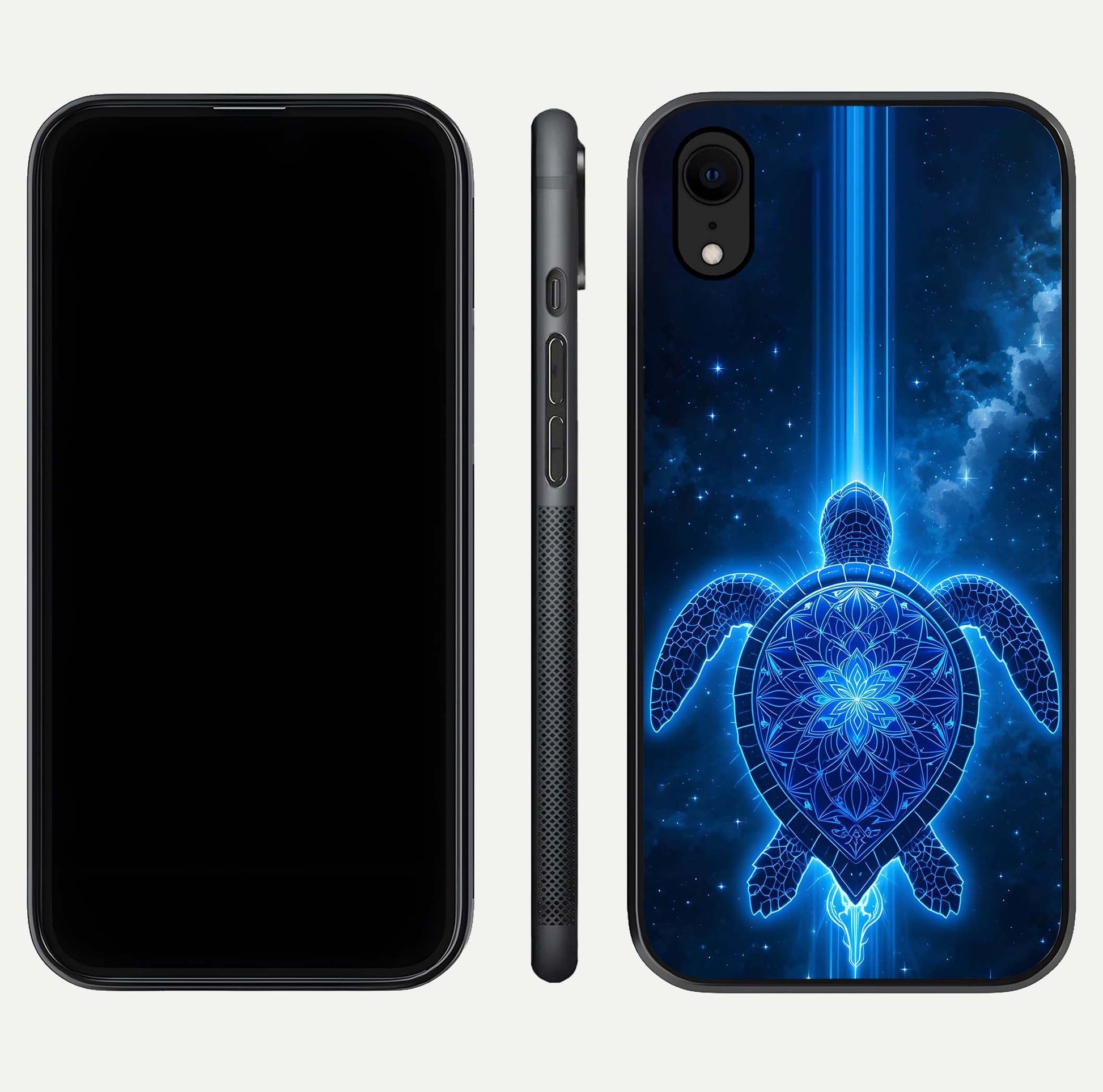 Blue Galaxy Turtle Glass Case for iPhone Xr front-and-back layout highlighting cosmic art and reflective glass