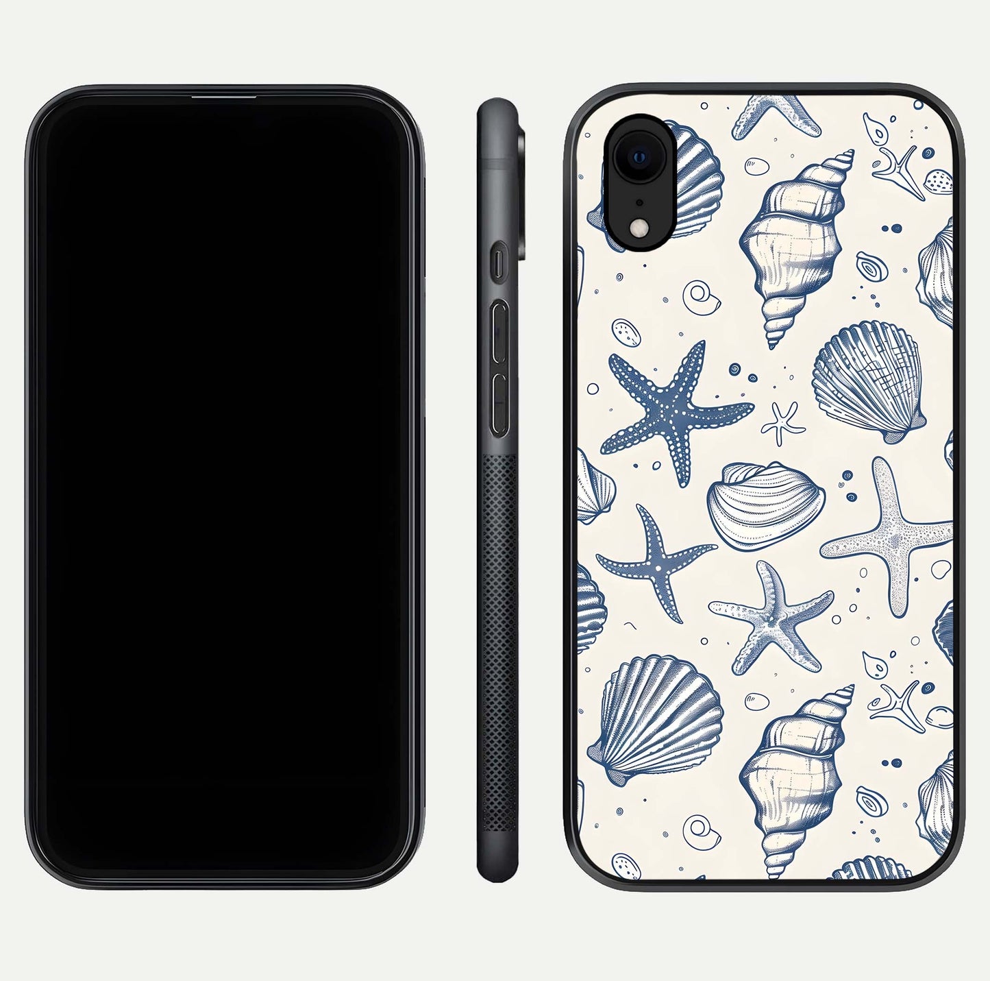 Blue Ocean Outline Glass Case for iPhone Xr front-and-back layout showing minimal wave design and HD gloss