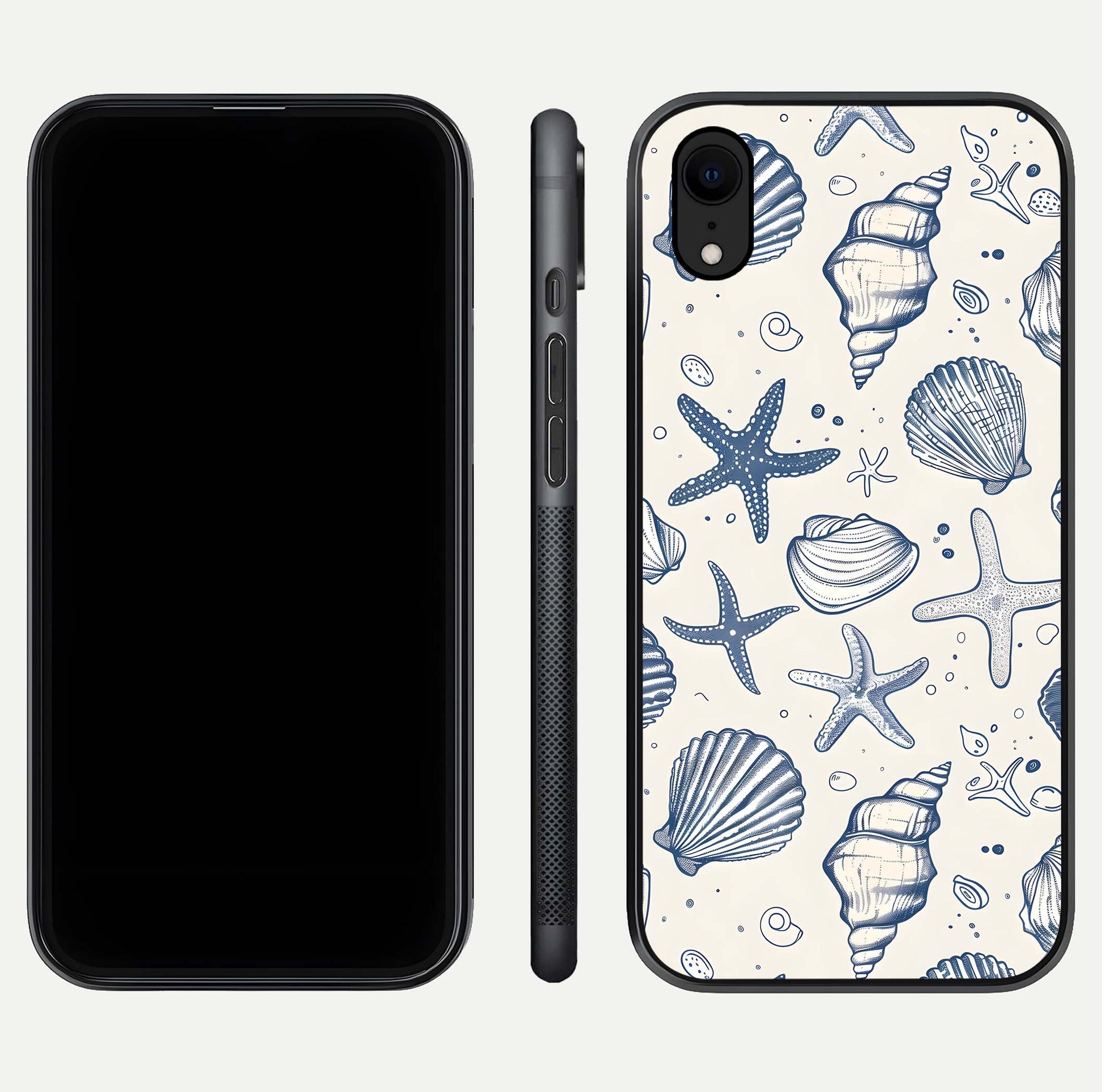 Blue Ocean Outline Glass Case for iPhone Xr front-and-back layout showing minimal wave design and HD gloss