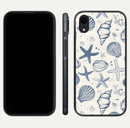 Blue Ocean Outline Glass Case for iPhone Xr front-and-back layout showing minimal wave design and HD gloss