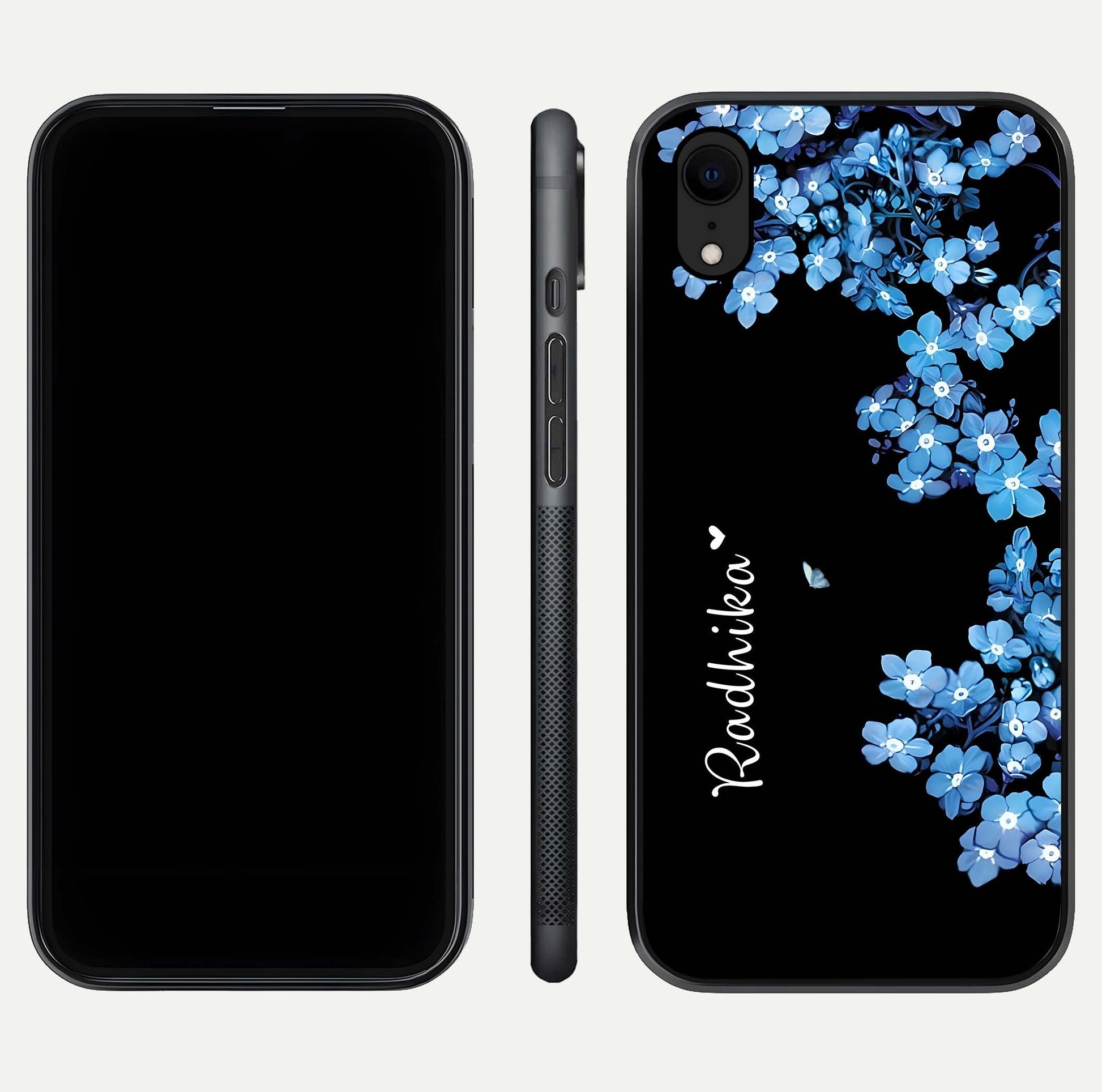 Blue Petal Dream Custom Name Glass Case for iPhone Xr dual-view layout showing text placement and premium finish