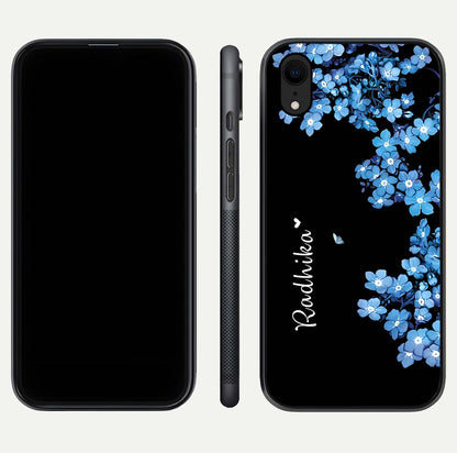 Blue Petal Dream Custom Name Glass Case for iPhone Xr dual-view layout showing text placement and premium finish
