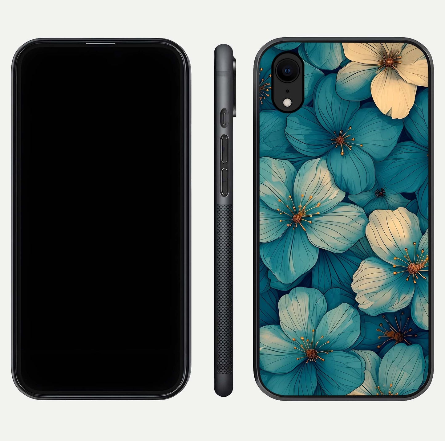 Blue Shade Floral Glass Case for iPhone Xr front-and-back layout displaying bloom contrast and edge polish