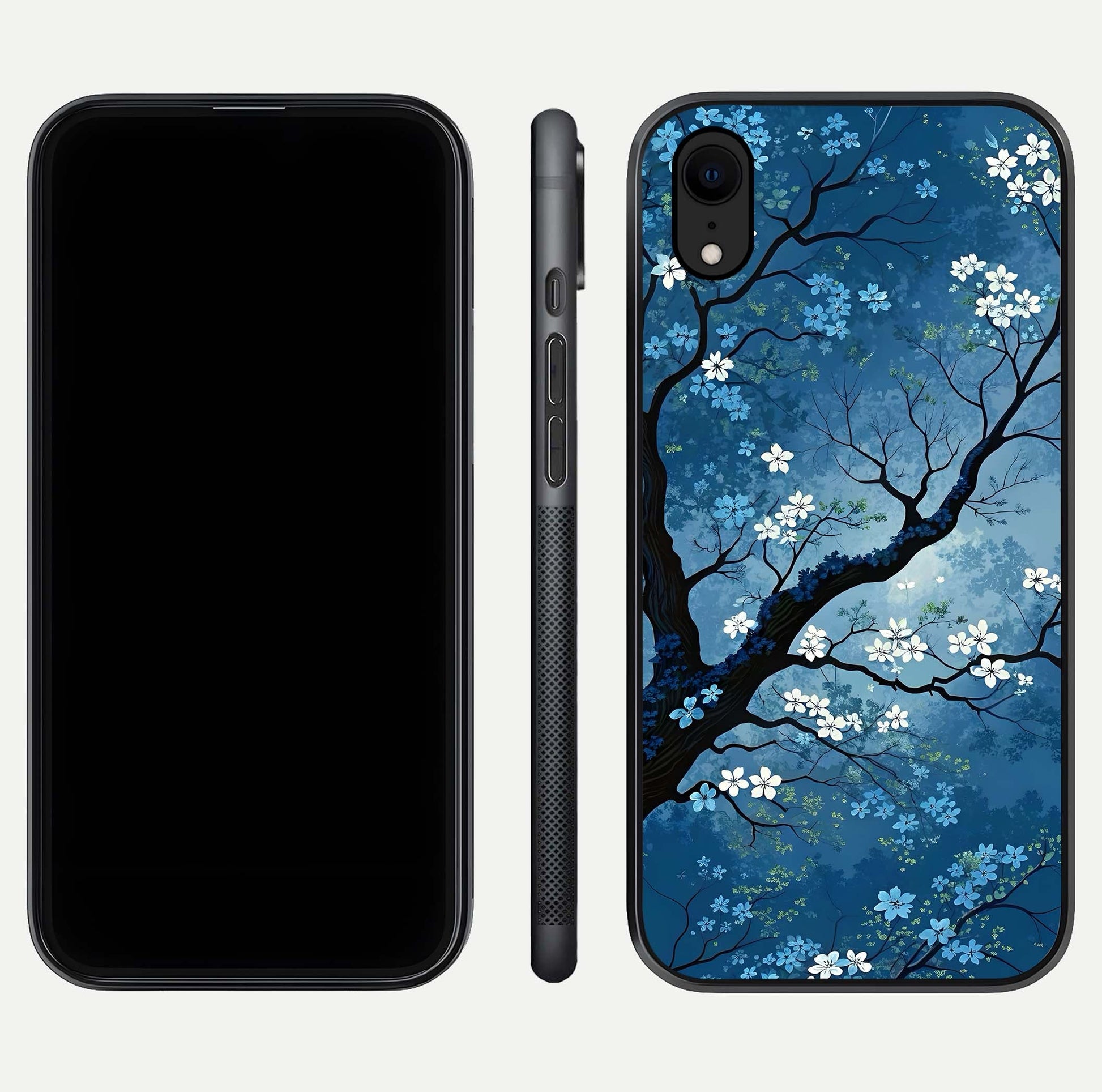 Blue Tree Serenity Glass Case for iPhone Xr front-and-back layout showing gradient background and smooth edges