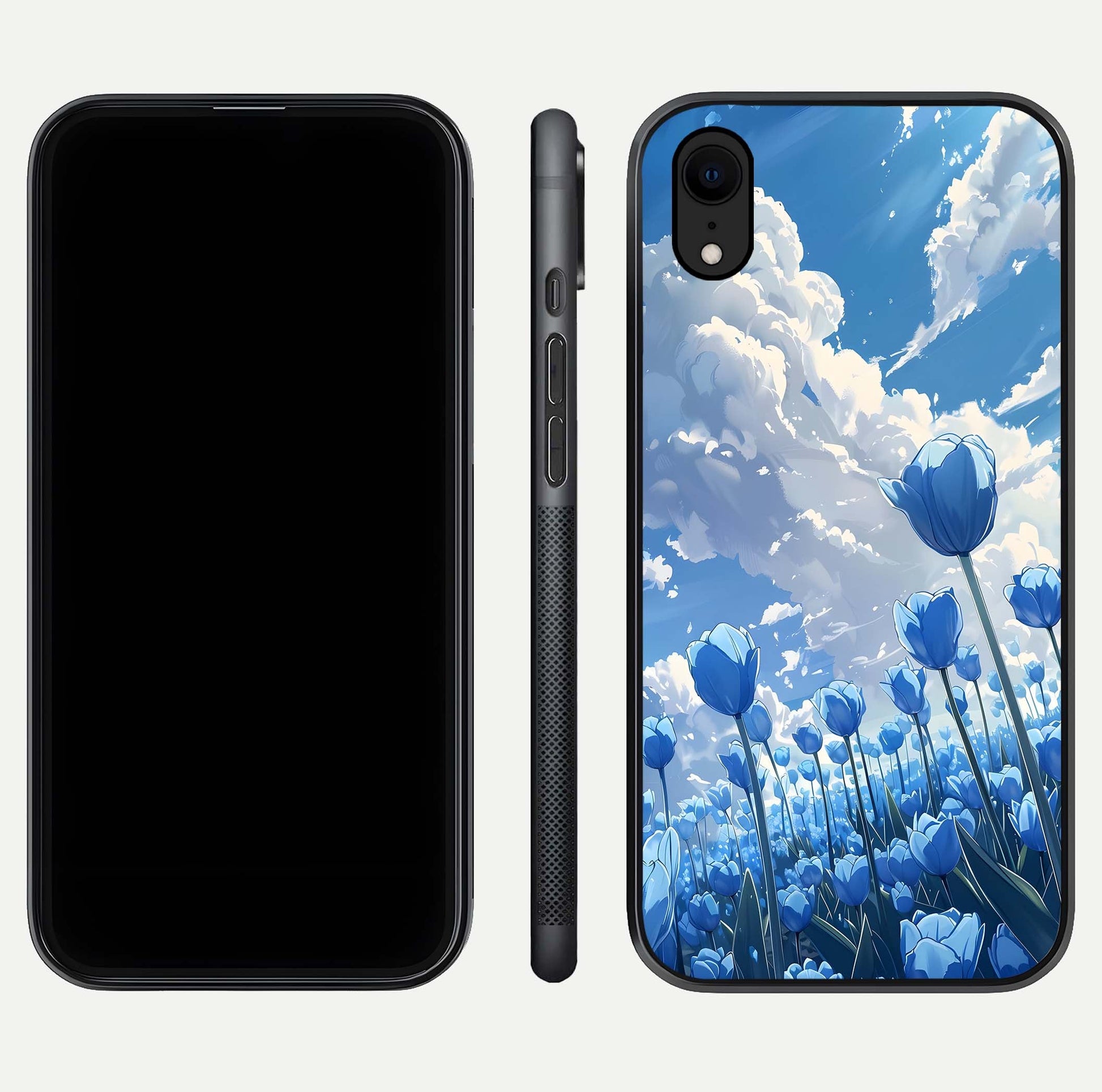 Blue Tulip Clouds Glass Case for iPhone Xr front-and-back layout showcasing floral detail and polished edges