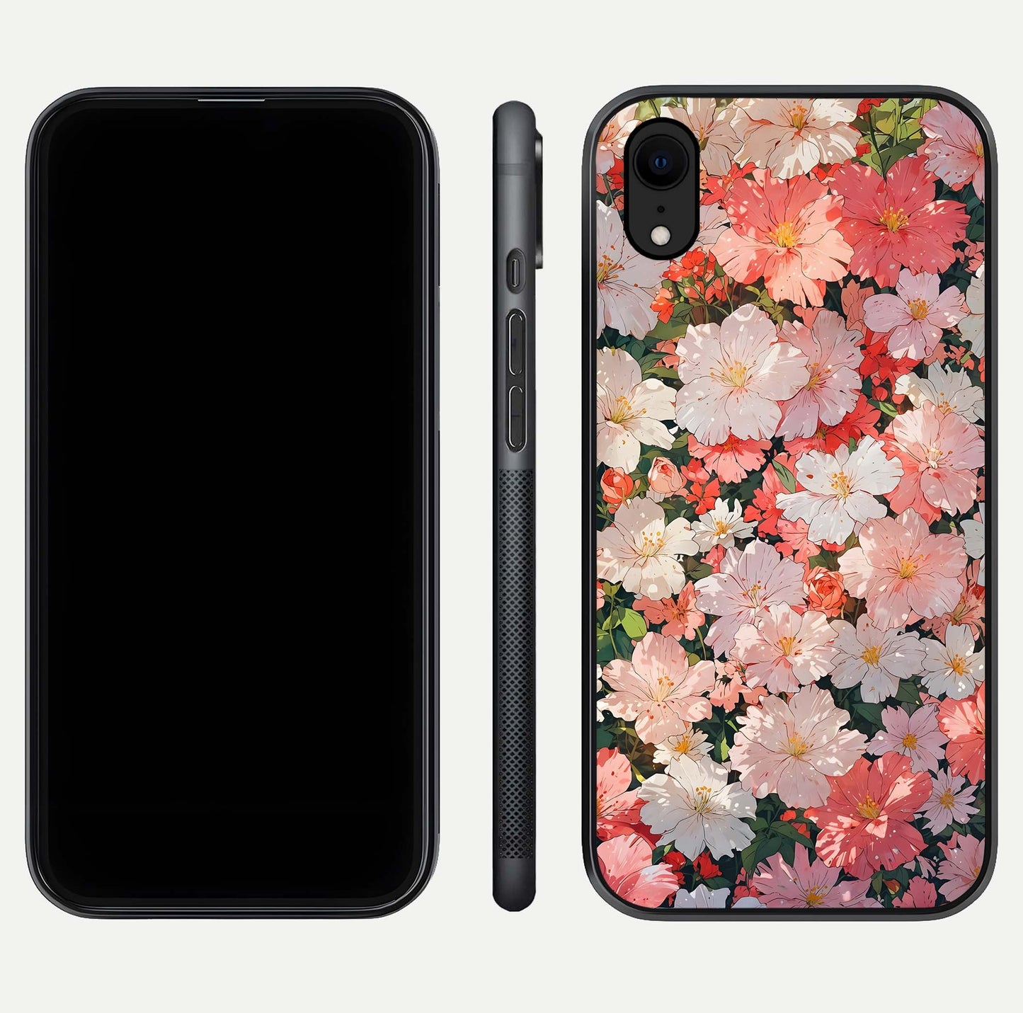 Blush Bloom Field Glass Case for iPhone Xr dual-view layout showing bloom arrangement and protective frame