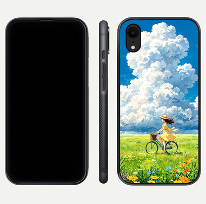 Breezy Meadow Ride Glass Case for iPhone Xr dual-view layout showing soft landscape design and reflection gloss