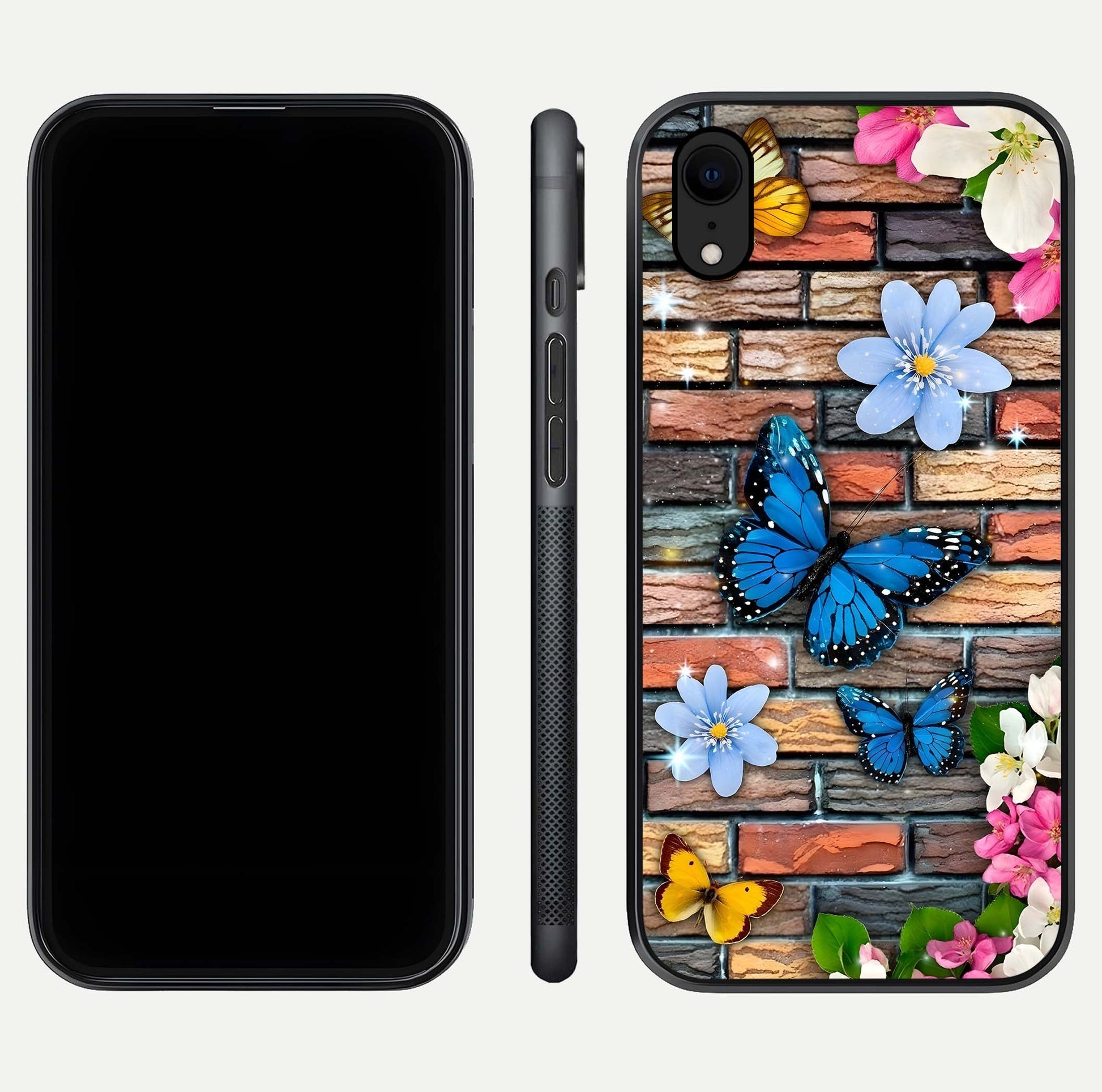 Brick Bloom Flight Glass Case for iPhone Xr dual-view layout showing bloom placement and protective edge design