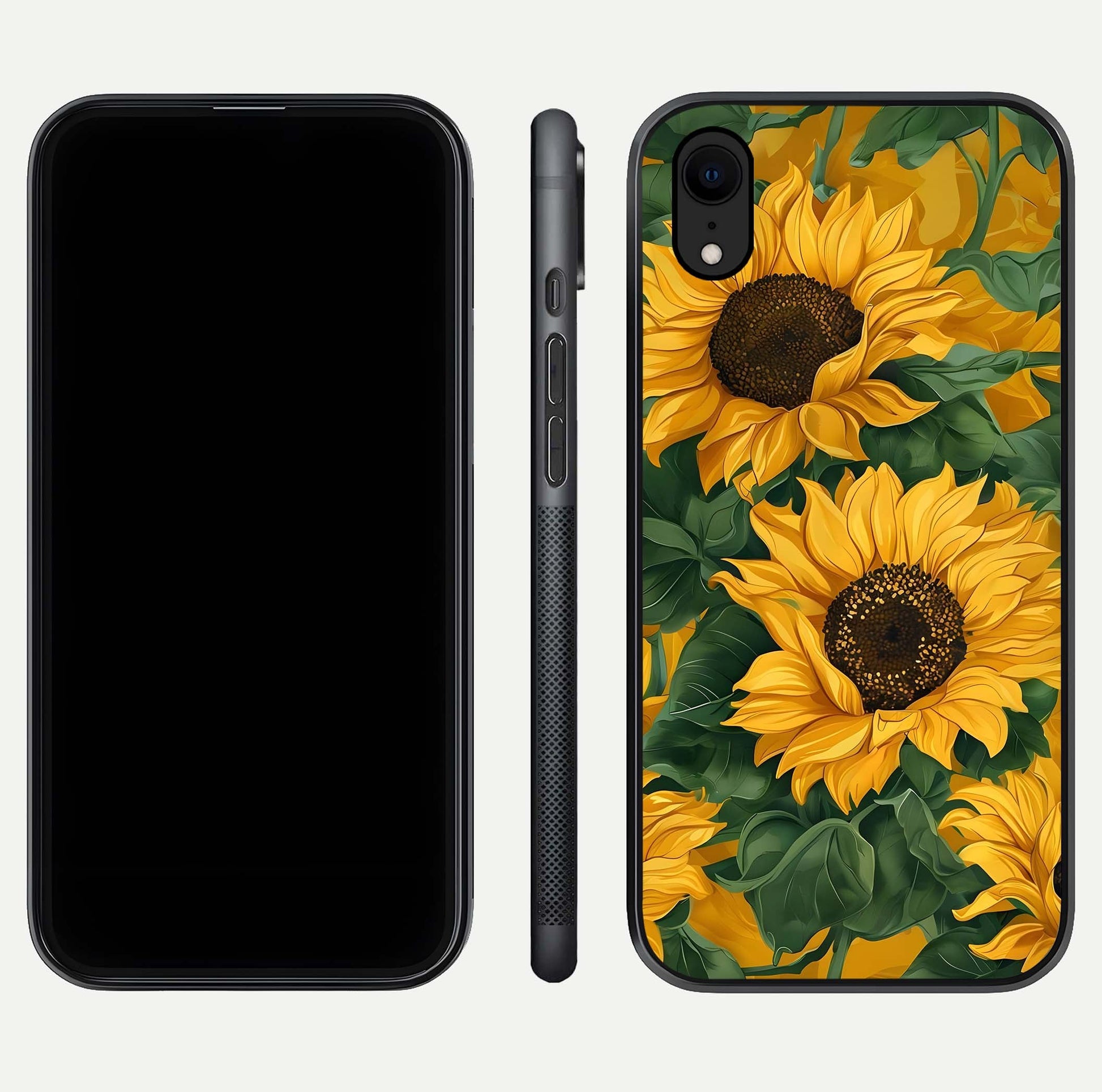 Bright Sunflower Bloom Glass Case for iPhone Xr dual-view layout displaying floral glow and curved glass edge