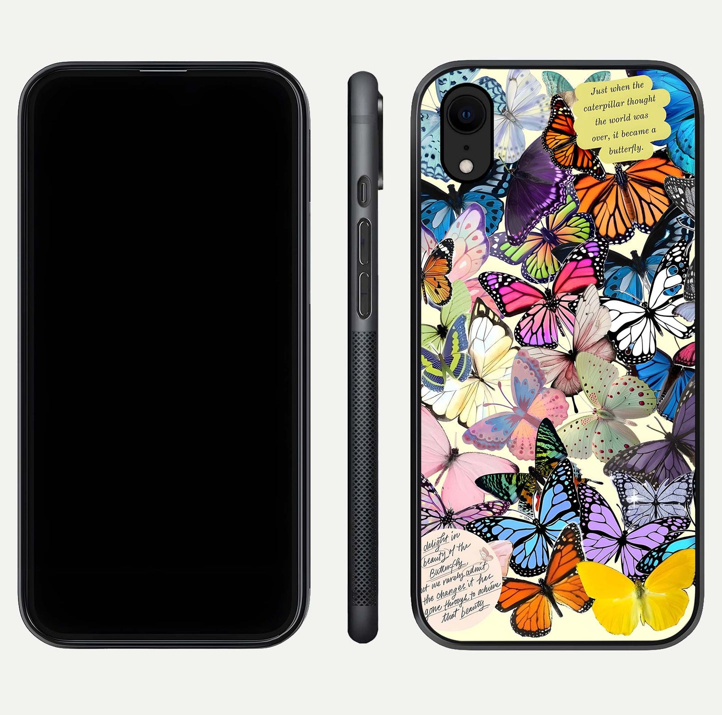 Butterflies Petal Dream Glass Case for iPhone Xr front-and-back layout showcasing floral spread and reflection shine