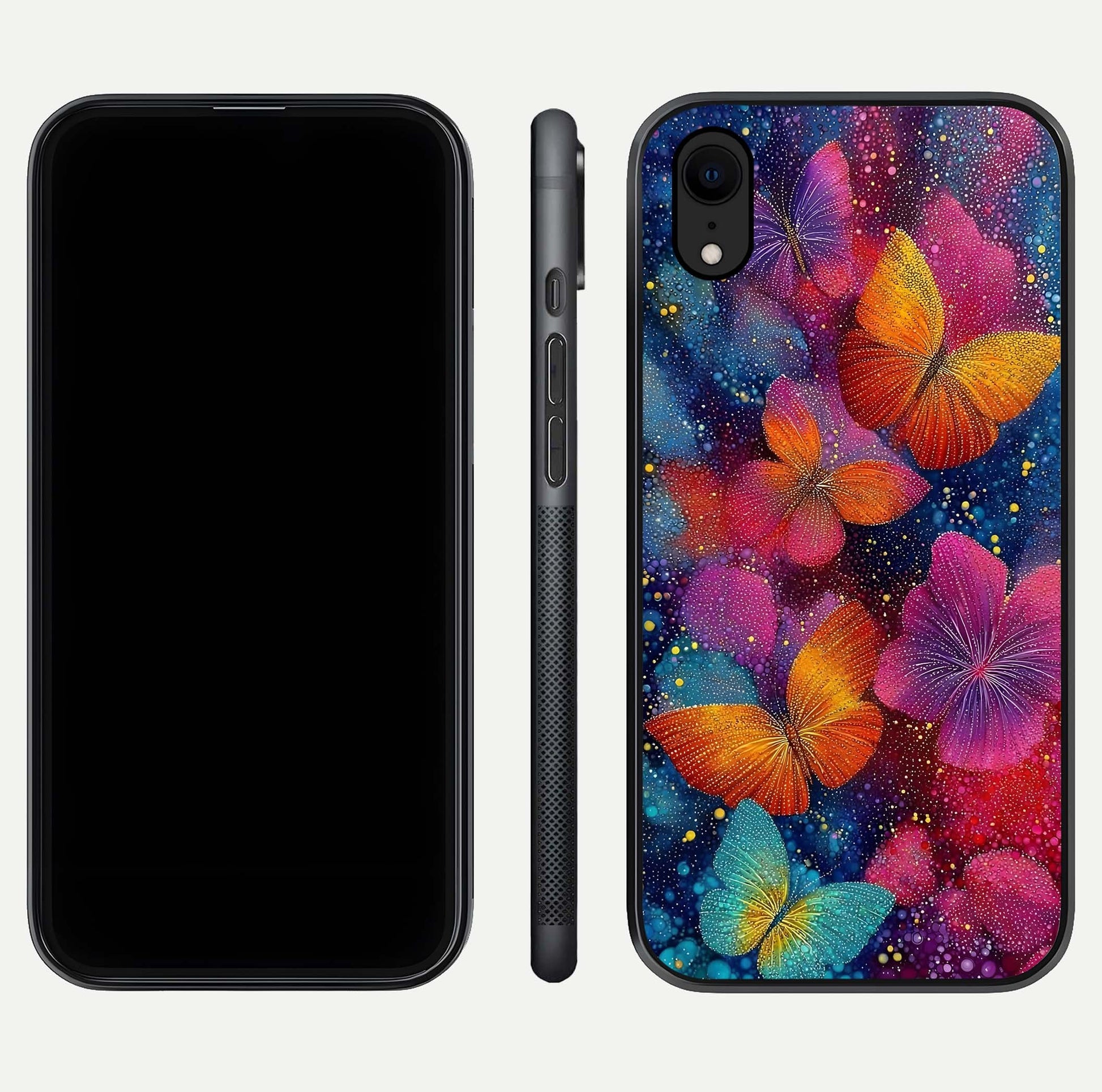Butterfly Dream Mist Glass Case for iPhone Xr dual-view layout showing mist background and edge polish