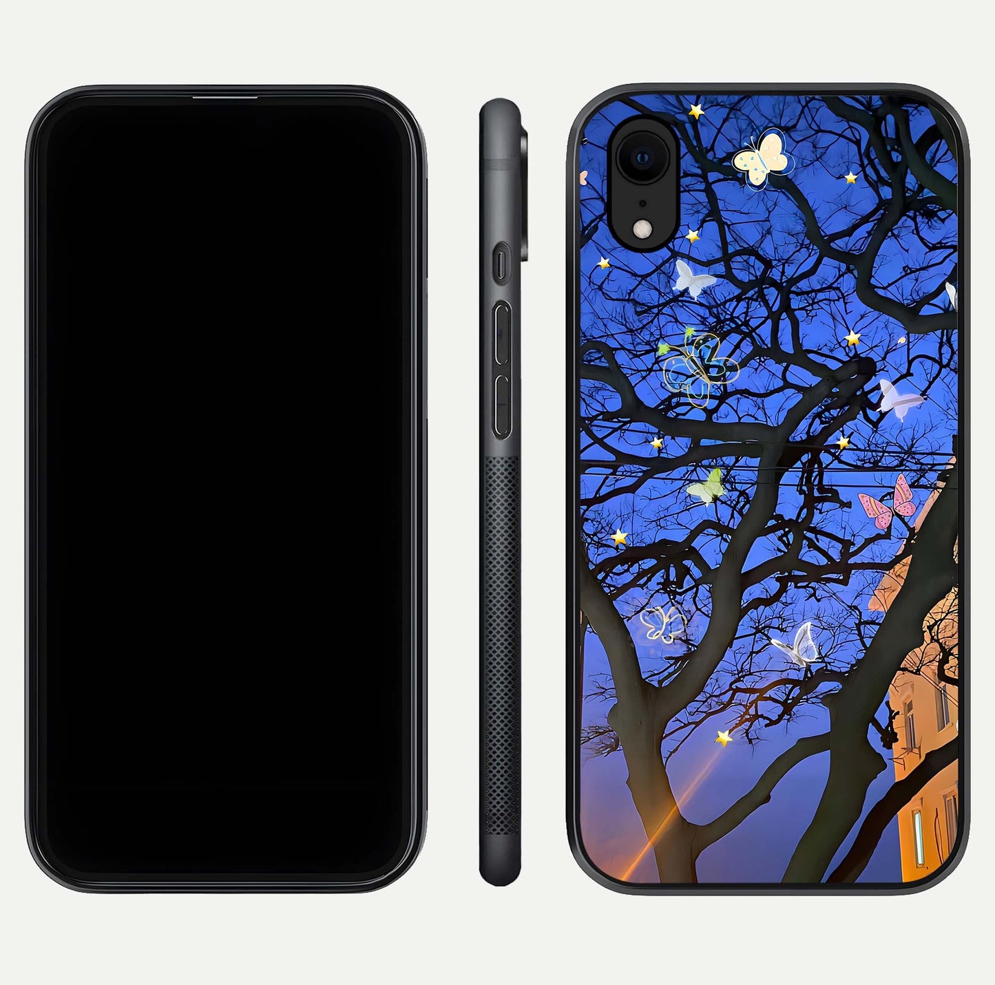 Butterfly Night Magic Glass Case for iPhone Xr dual-view layout displaying balanced art and edge clarity