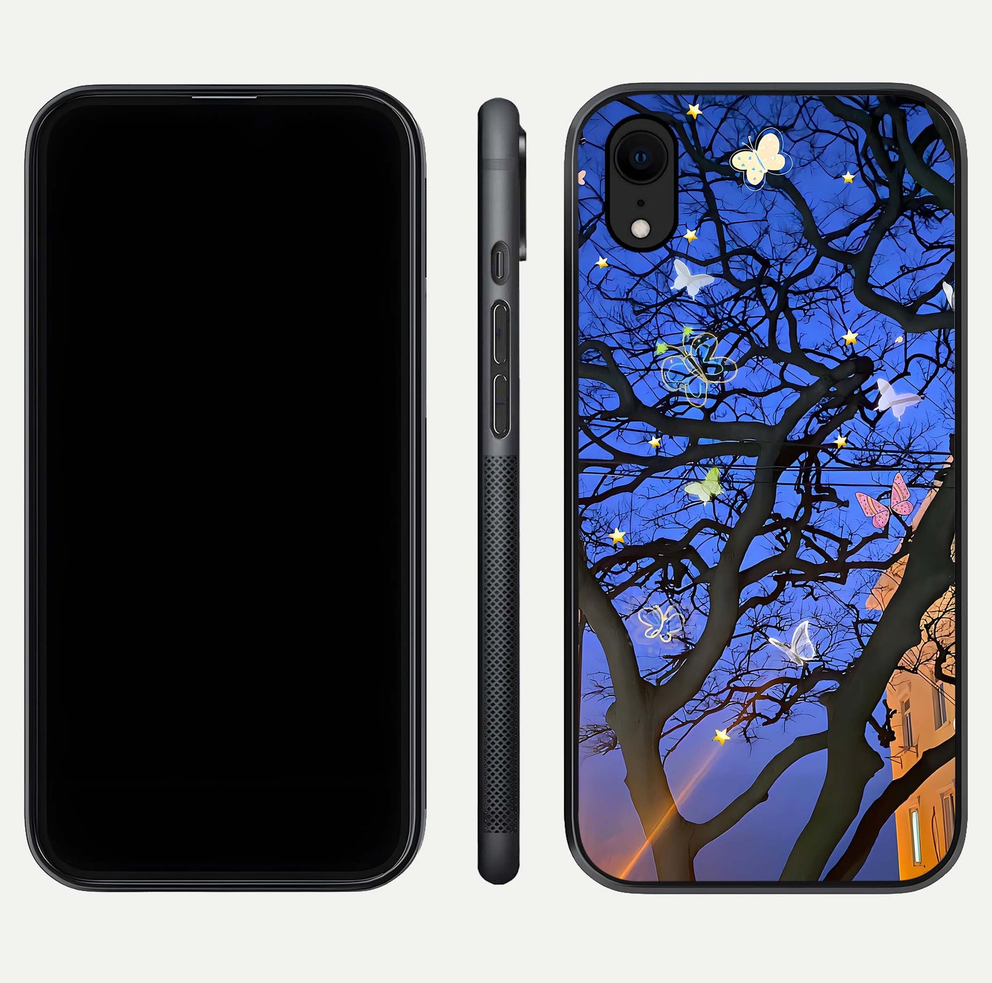Butterfly Night Magic Glass Case for iPhone Xr dual-view layout displaying balanced art and edge clarity