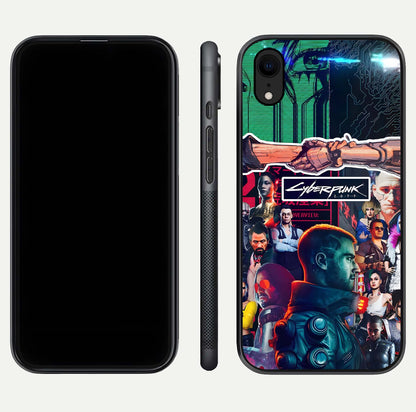 CYBERPUNK Legacy Glass Case for iPhone Xr dual-view layout showing cyberpunk hues and glass precision