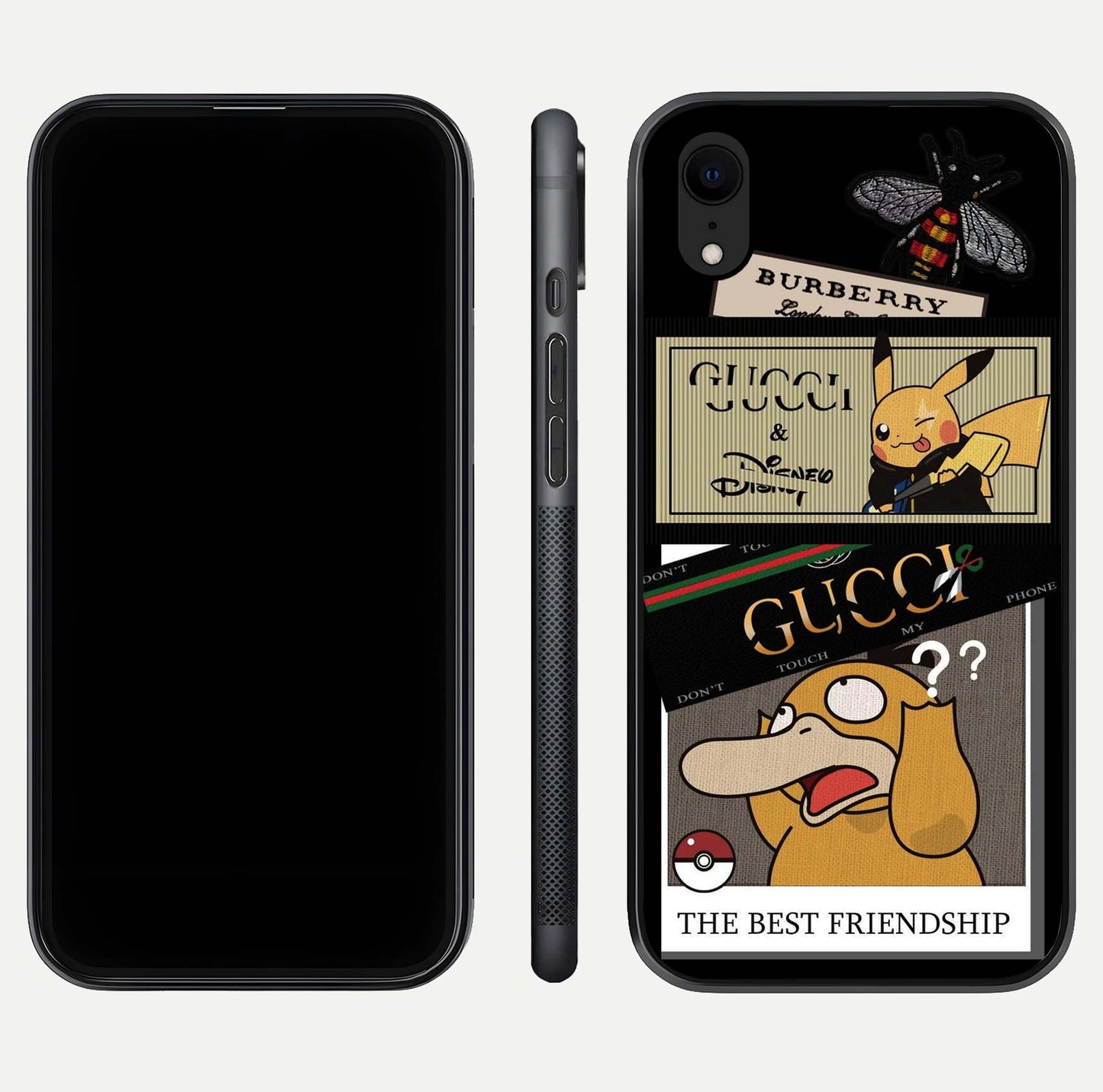 Cartoon Brand Play Mashup Glass Case for iPhone Xr front and back view layout highlighting multi-logo artwork and curved edges