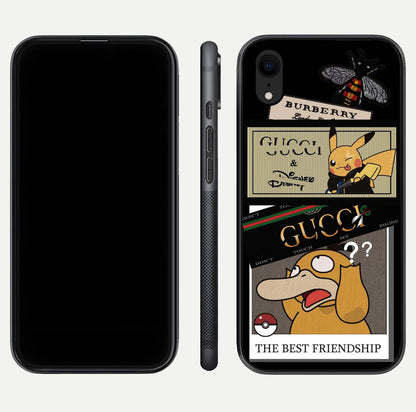 Cartoon Brand Play Mashup Glass Case for iPhone Xr front and back view layout highlighting multi-logo artwork and curved edges