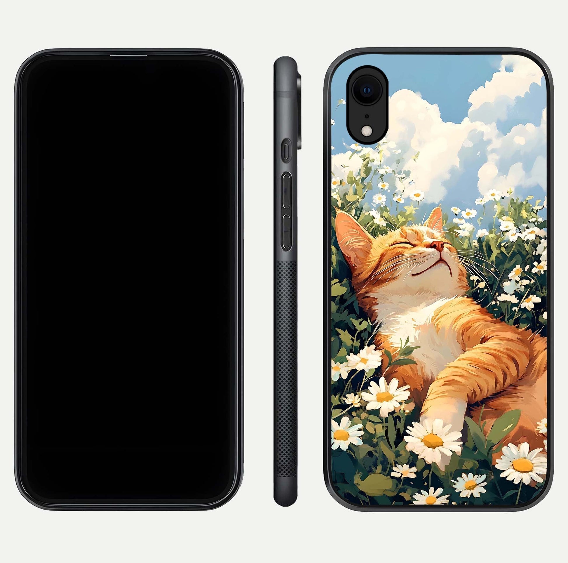 Cat & Flowers View Glass Case for iPhone Xr front-and-back layout showing floral balance and gloss surface