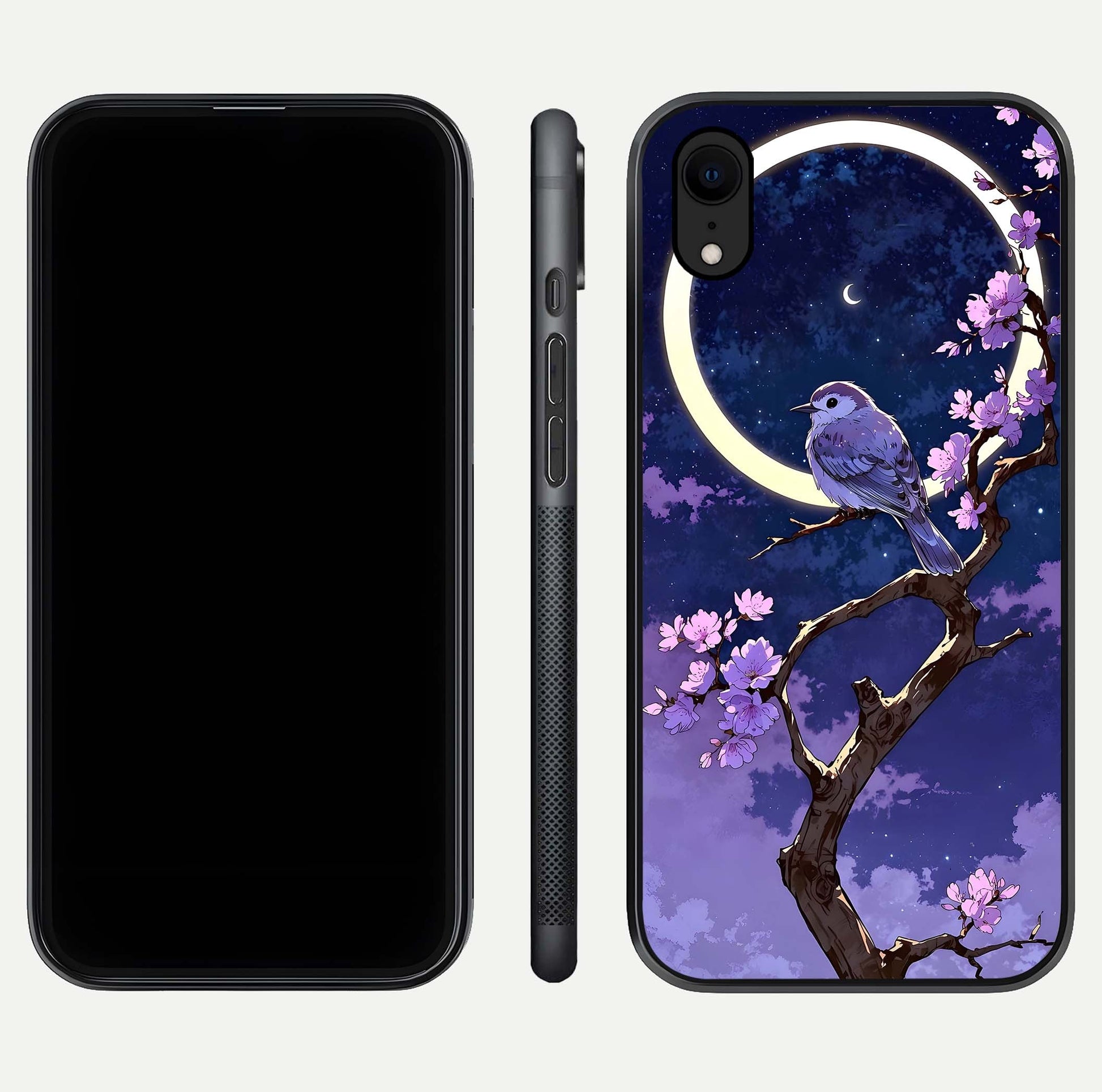 Celestial Bird Blossom Glass Case for iPhone Xr dual-view layout showing art composition and edge clarity