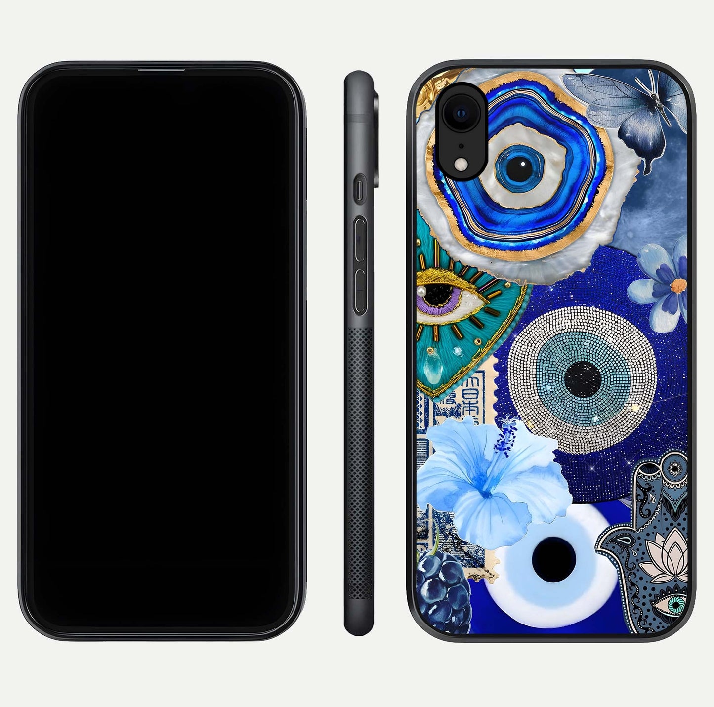 Celestial Blue Vision Glass Case for iPhone Xr dual-view layout showing celestial gradient and curved edges
