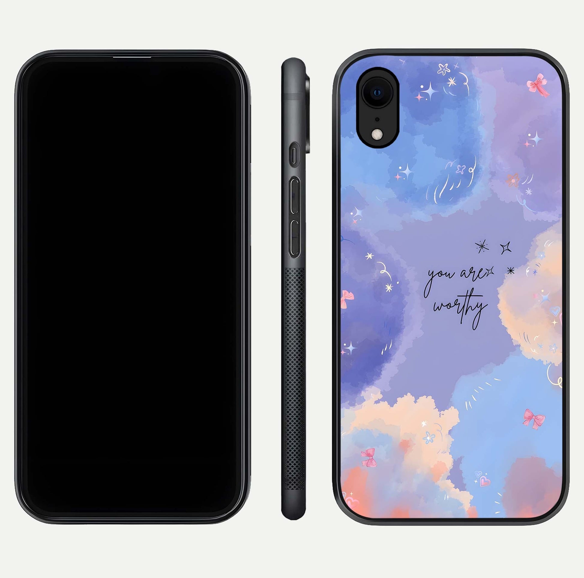 Celestial Cloud Magic Glass Case for iPhone Xr dual-view layout showcasing soft color transition and gloss shine